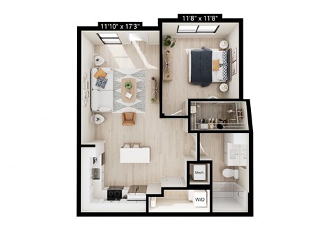 Floor plan for 1 bed, 1 bath, 768 sqft
